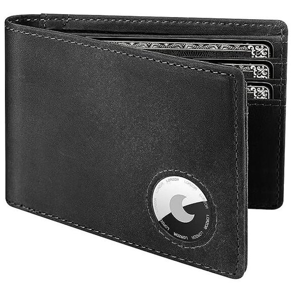 Wallet for Men for Apple AirTag, Bifold Full Grain Leather Mens , Black-A